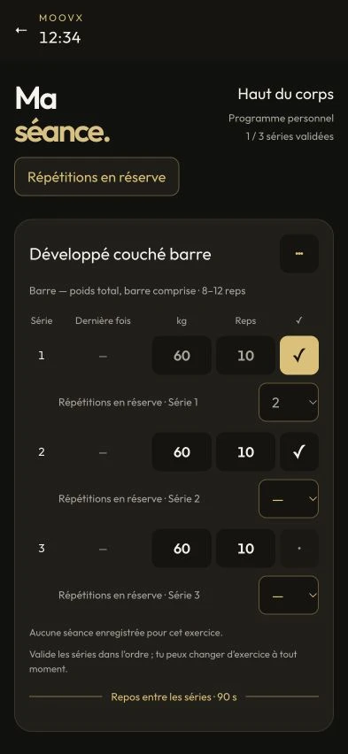Current MoovX active workout screen